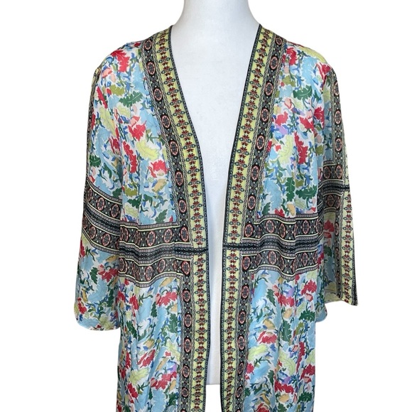 Susan Graver Pink Multi Floral Sheer Woven Kimono Cardigan Chiffon Flower Medium - Picture 3 of 10